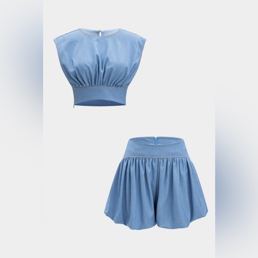 Micas denim look bubble shorts crop top set S Ma2